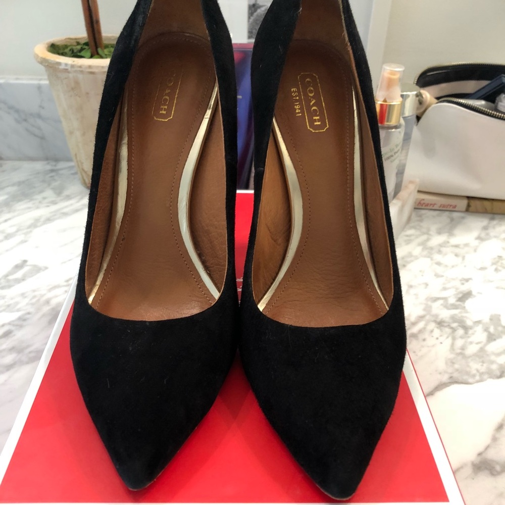 Coach black suede pointy toe heels
